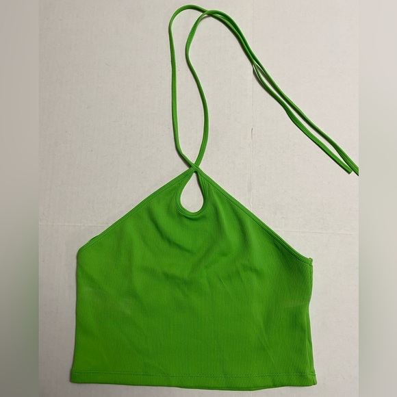 Zara Halter Top Ribbed Crop Top, Bright Green, Size Medium - Picture 3 of 5